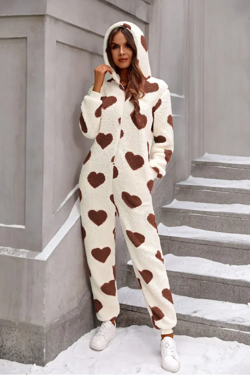 Fashorio Dark Brown / S Fuzzy Heart Zip Up Hooded Lounge Jumpsuit