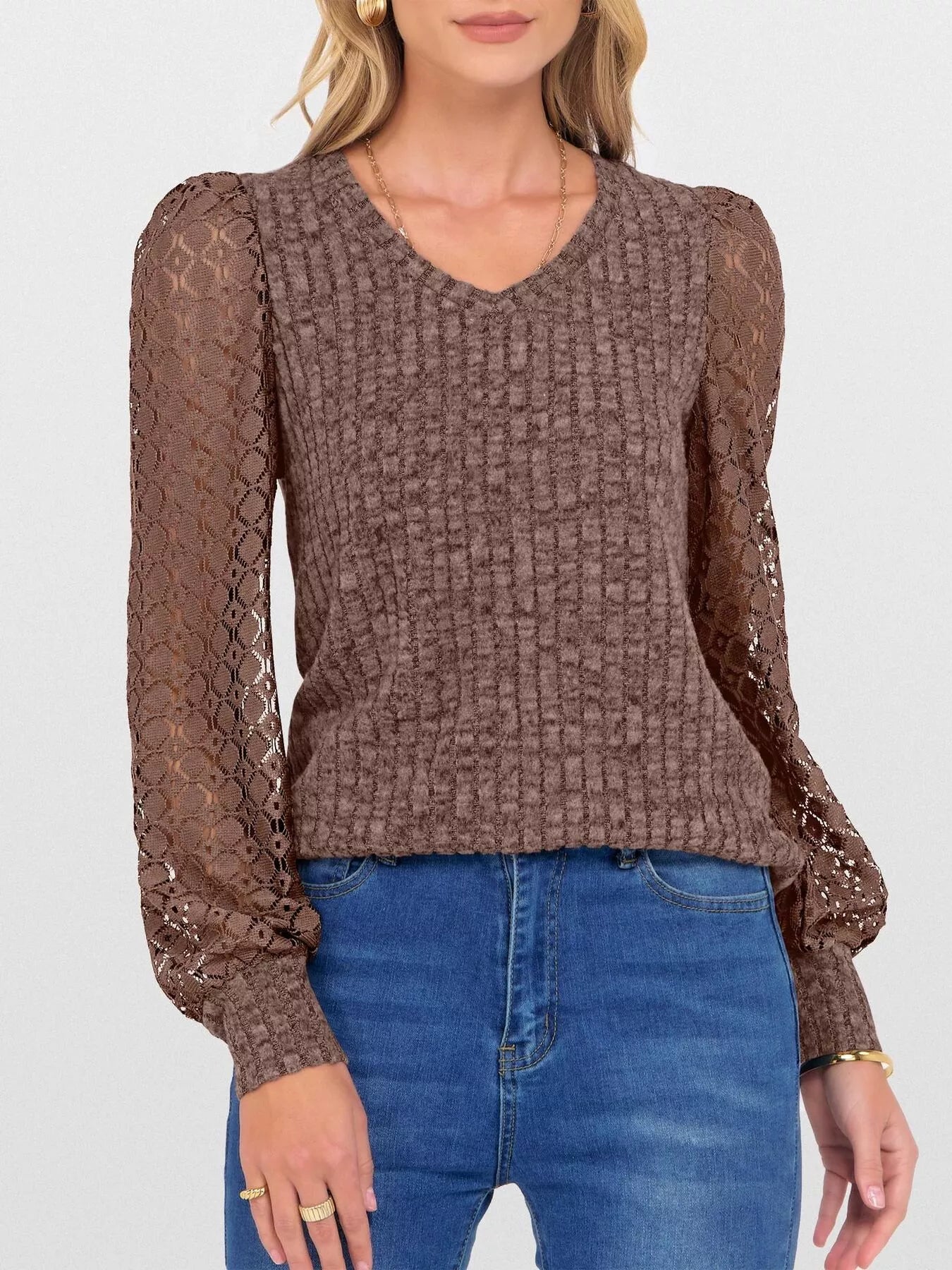 Fashorio Dark Brown / S Lace Sleeve V-Neck T-Shirt