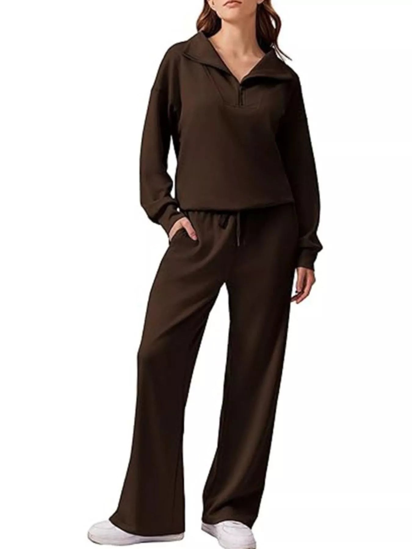 Fashorio Dark Brown / S Zip Collar Dropped Shoulder Top and Pants Set
