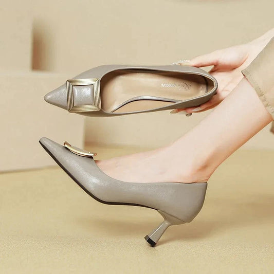 Point Toe Flare Heel Pumps Dark Gray - Fashorio