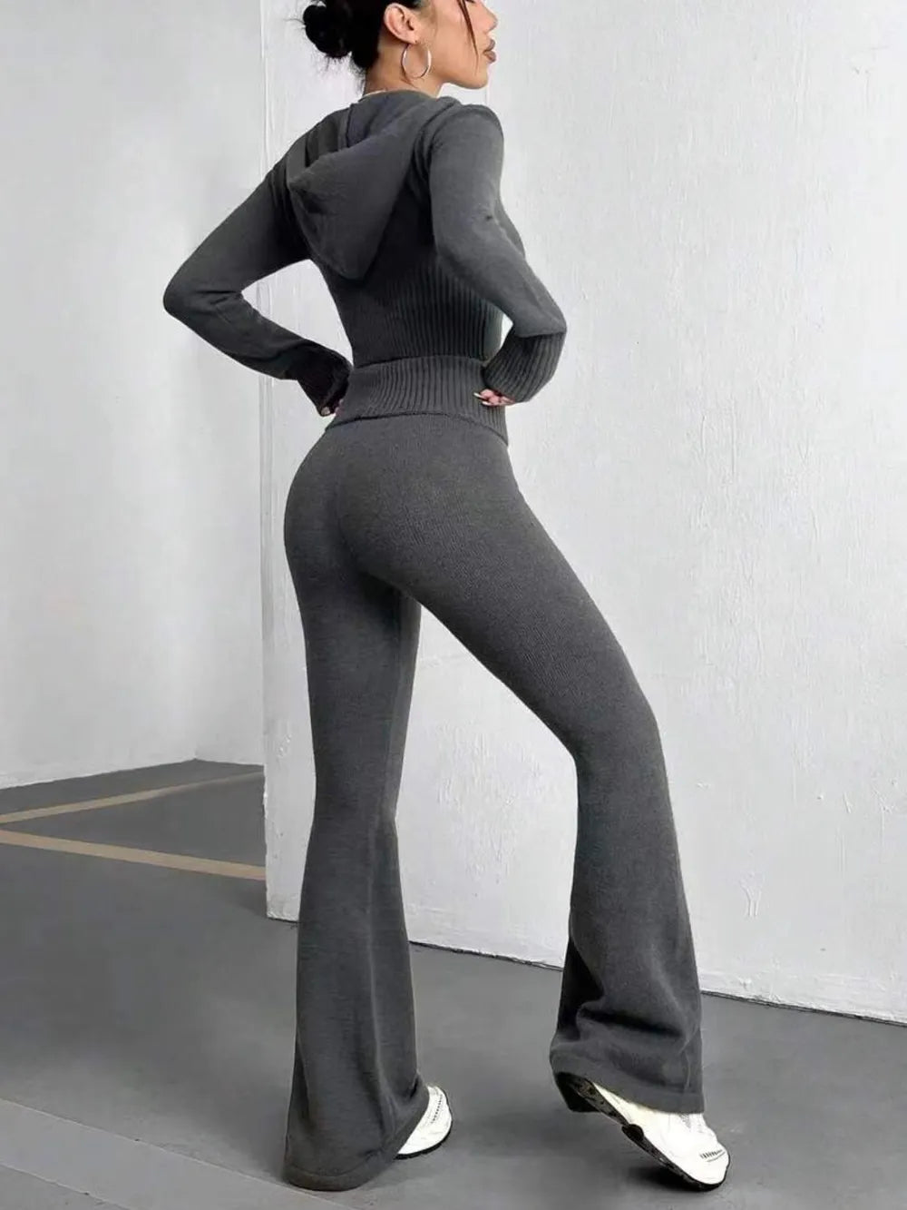 Fashorio Dark Gray / One Size Zip Up Hooded Top and Flare Pants Sweater Set