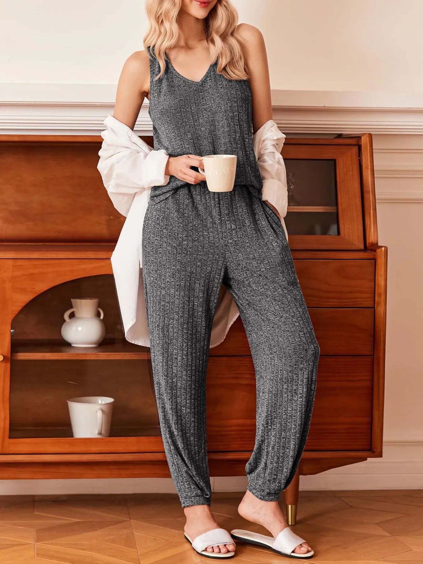 Fashorio Dark Gray / S Ribbed Knit V-Neck Tank and Pants Lounge Set