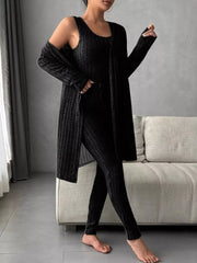 Fashorio Dark Gray / S Ribbed Tank Long Sleeve Cardigan and Pants 3 Piece Lounge Set