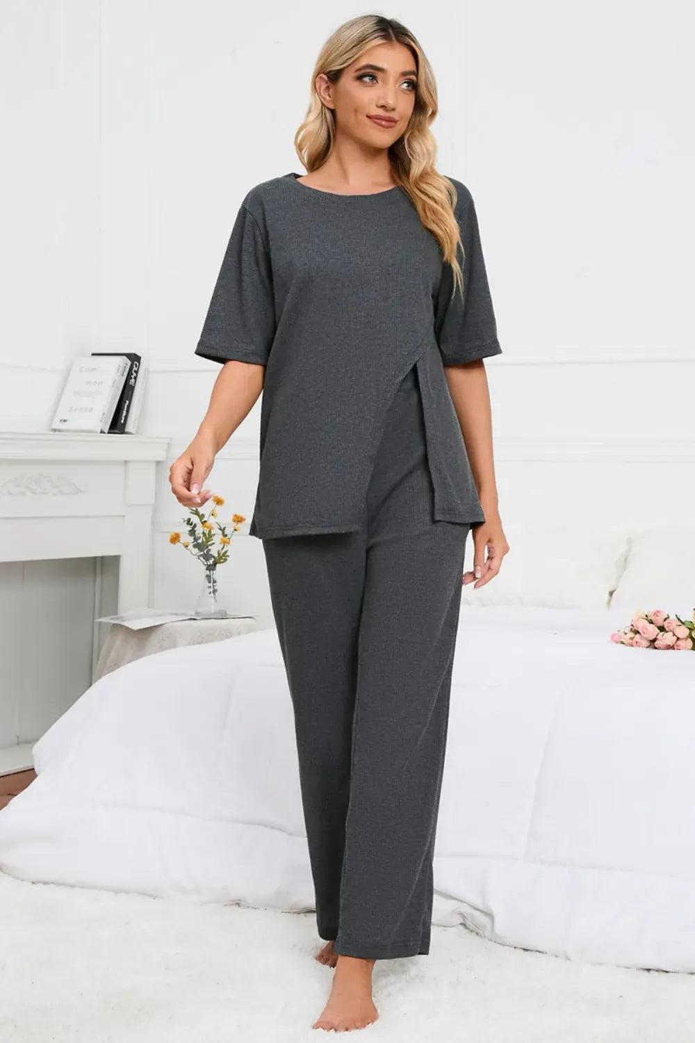 Fashorio Dark Gray / S Slit Round Neck Top and Pants Lounge Set