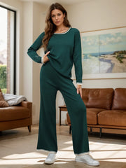 Fashorio Dark Green / One Size Contrast Trim Round Neck Top and Pants Sweater Set