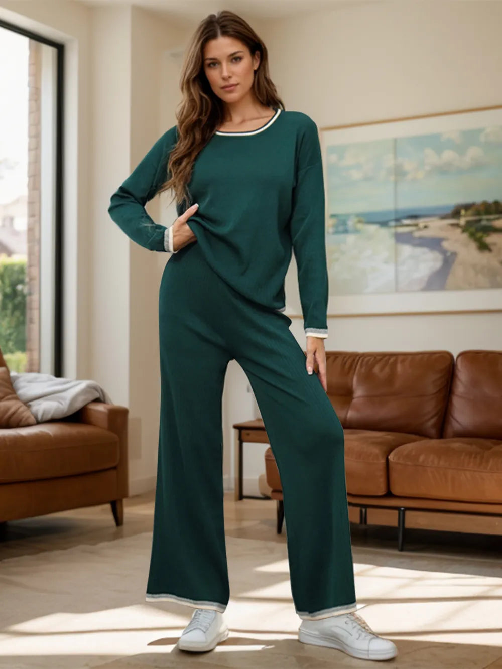 Fashorio Dark Green / One Size Contrast Trim Round Neck Top and Pants Sweater Set