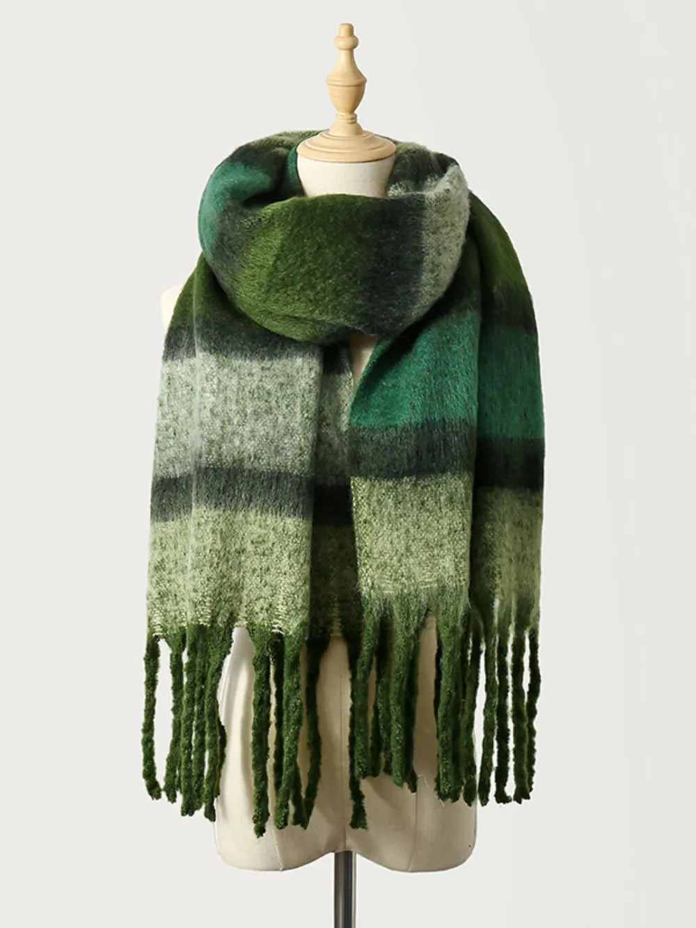 Fashorio Dark Green / One Size Fringe Color Block Polyester Scarf