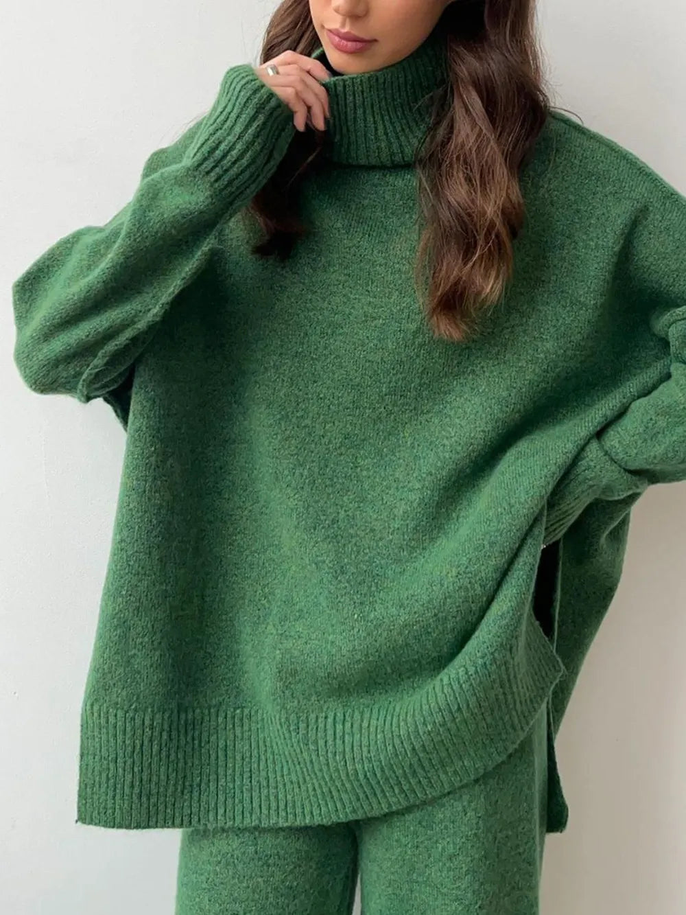 Fashorio Dark Green / One Size Slit Turtleneck Long Sleeve Top and Pants Sweater Set