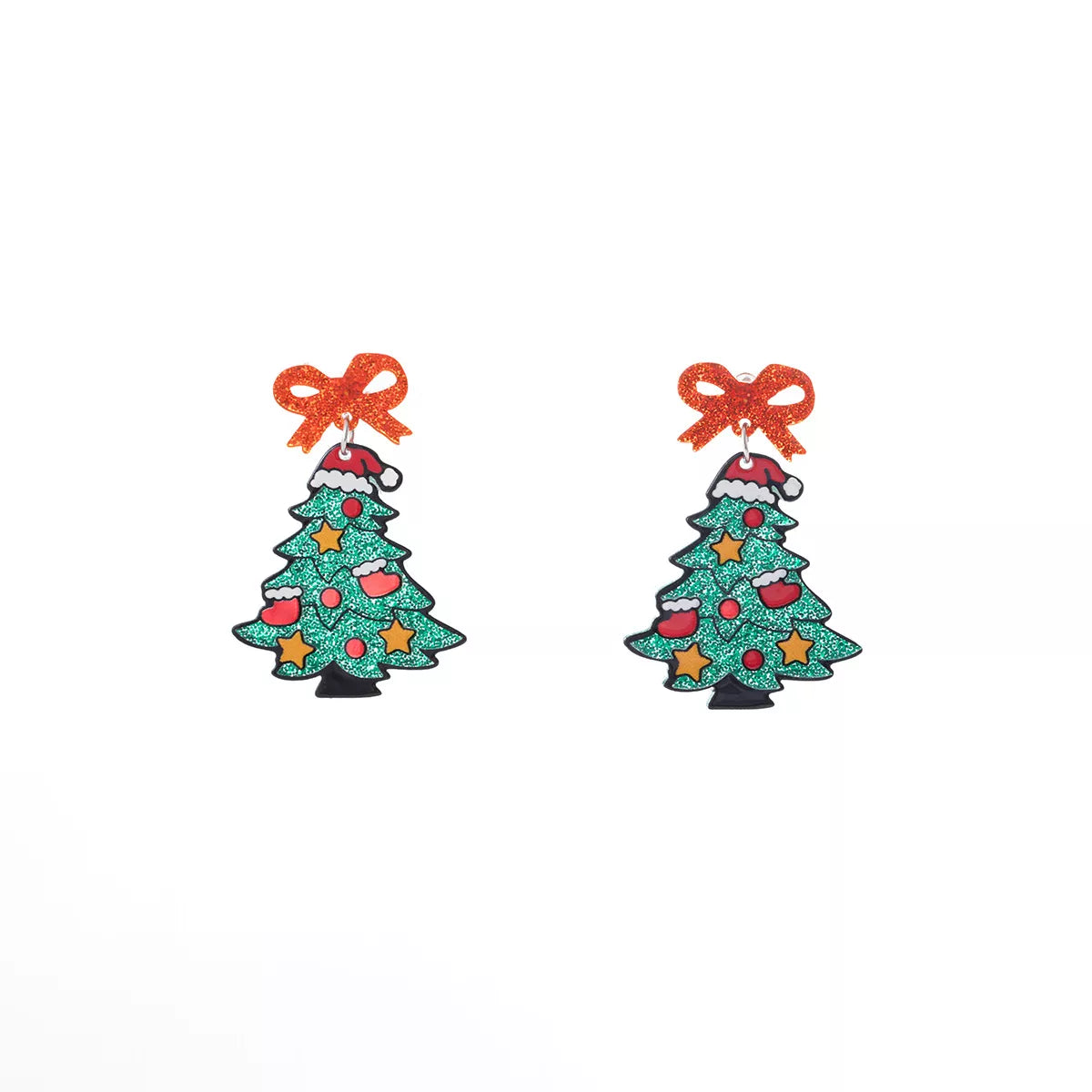 Fashorio Dark Green / onesize Christmas Tree Bow Dangle Earrings
