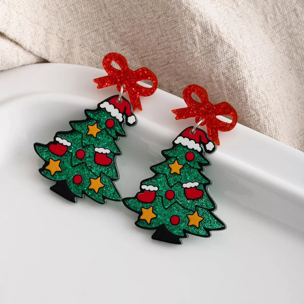 Fashorio Dark Green / onesize Christmas Tree Bow Dangle Earrings