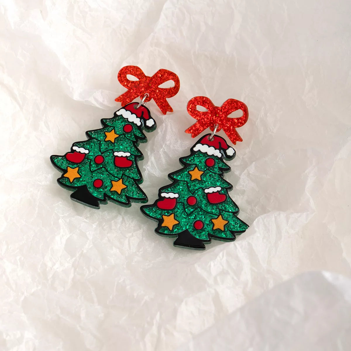 Fashorio Dark Green / onesize Christmas Tree Bow Dangle Earrings