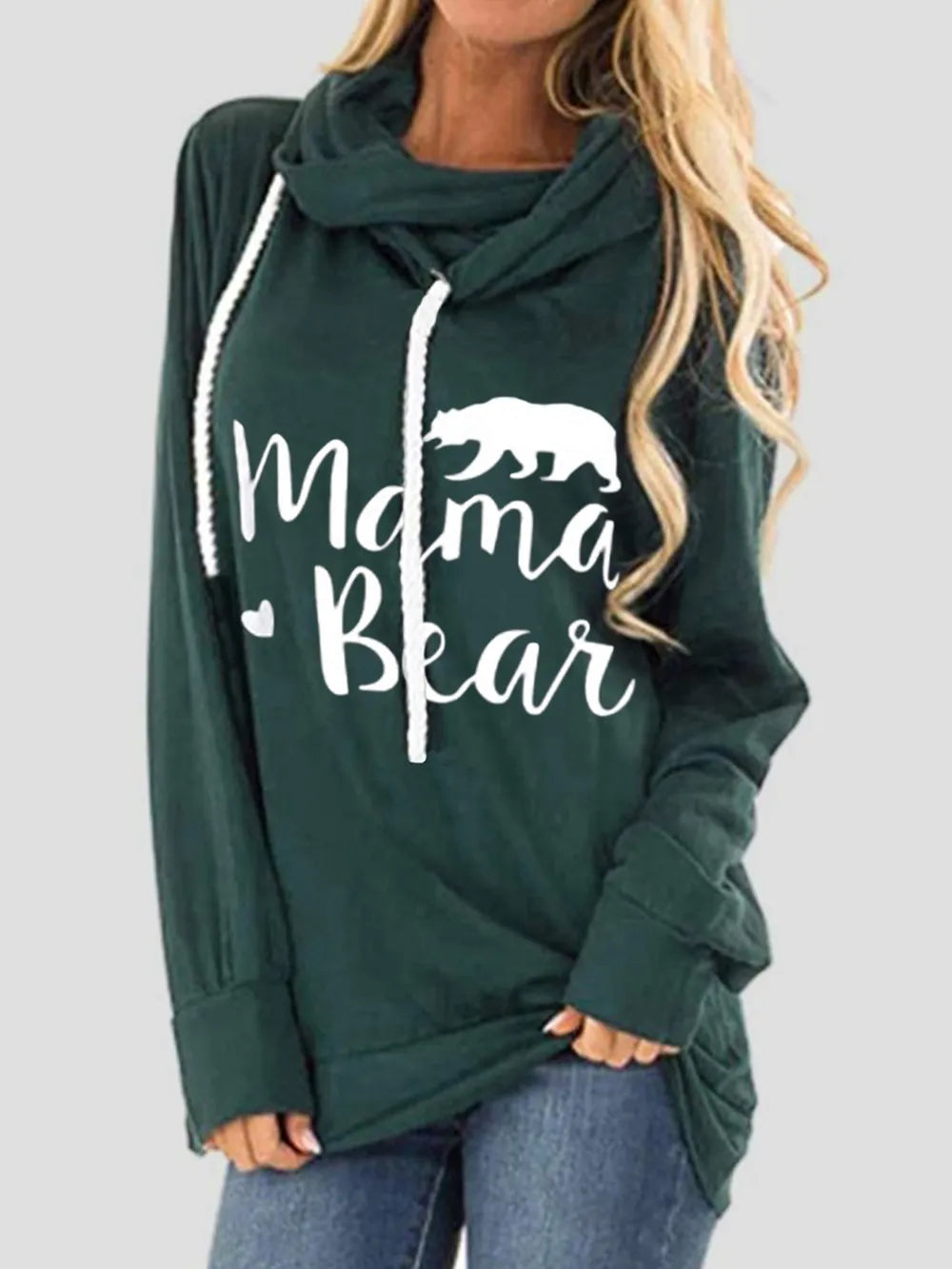 Fashorio Dark Green / S Drawstring Letter Graphic Long Sleeve Hoodie