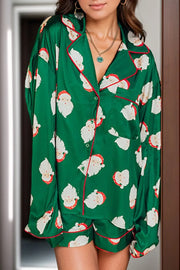 Fashorio Dark Green / S Santa Collared Neck Long Sleeve Top and Shorts Lounge Set