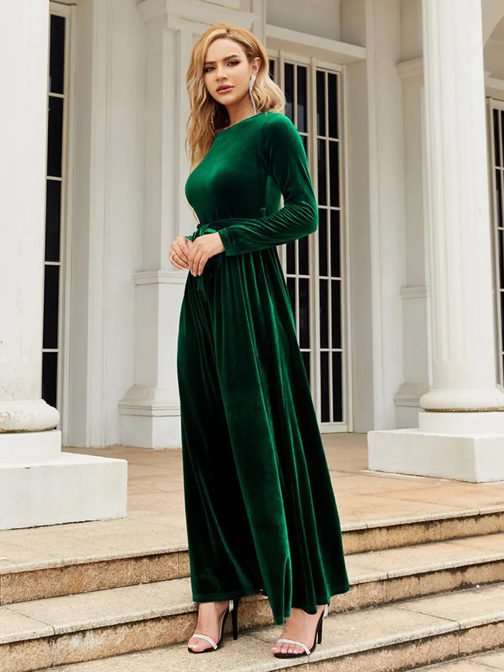 Fashorio Dark Green / S Tie Front Round Neck Long Sleeve Maxi Dress