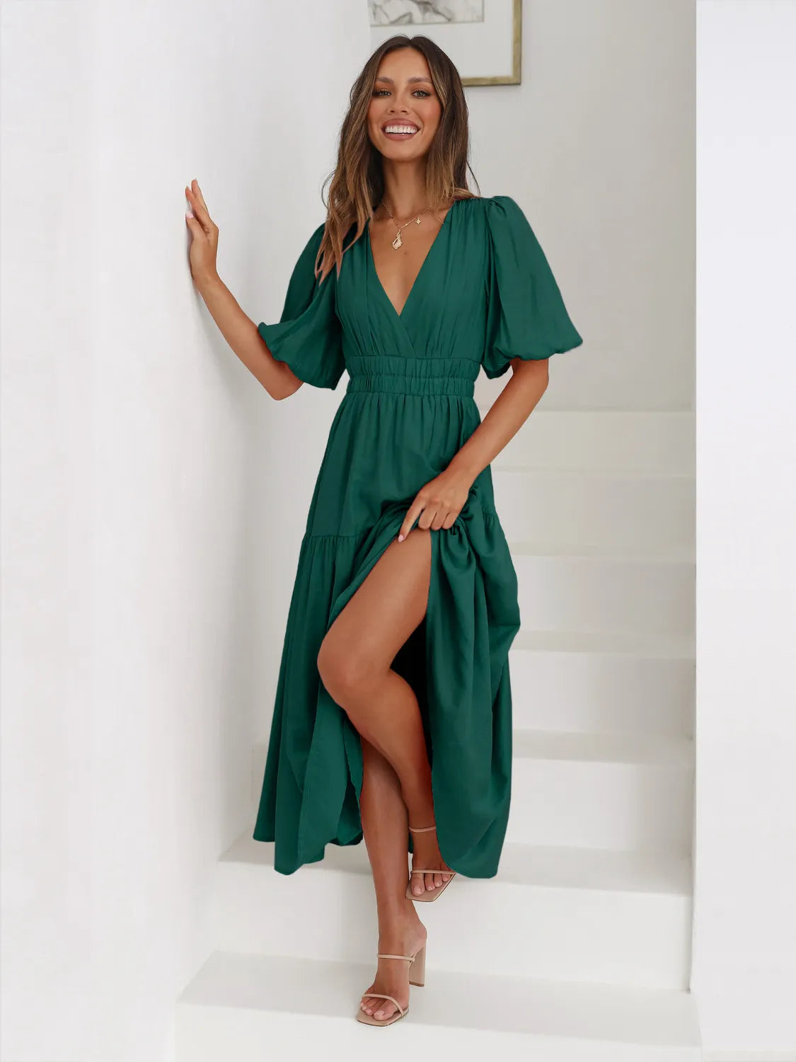 Fashorio Dark Green / S Tiered Surplice Half Sleeve Midi Dress