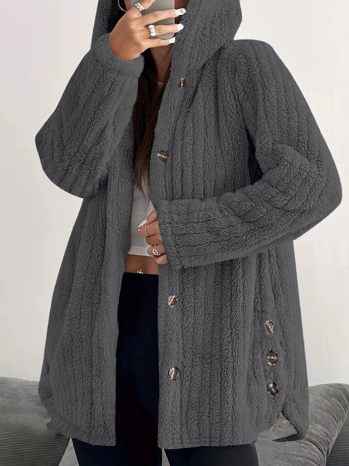 Fashorio Dark Grey / S Full Size Fleece Button Up Hooded Outerwear Plus Size