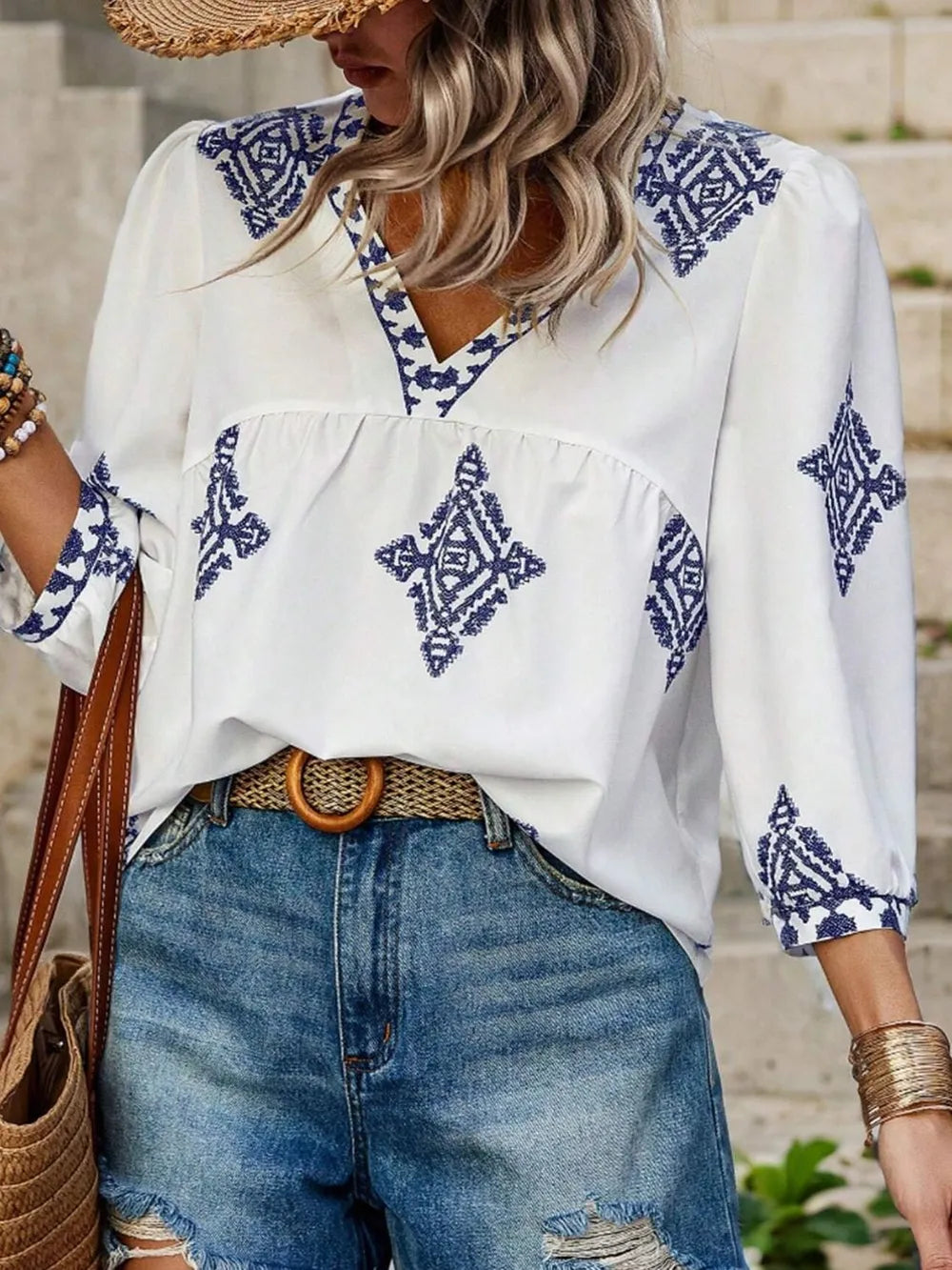 Fashorio Dark Navy / S Printed V-Neck Three-Quarter Sleeve Blouse