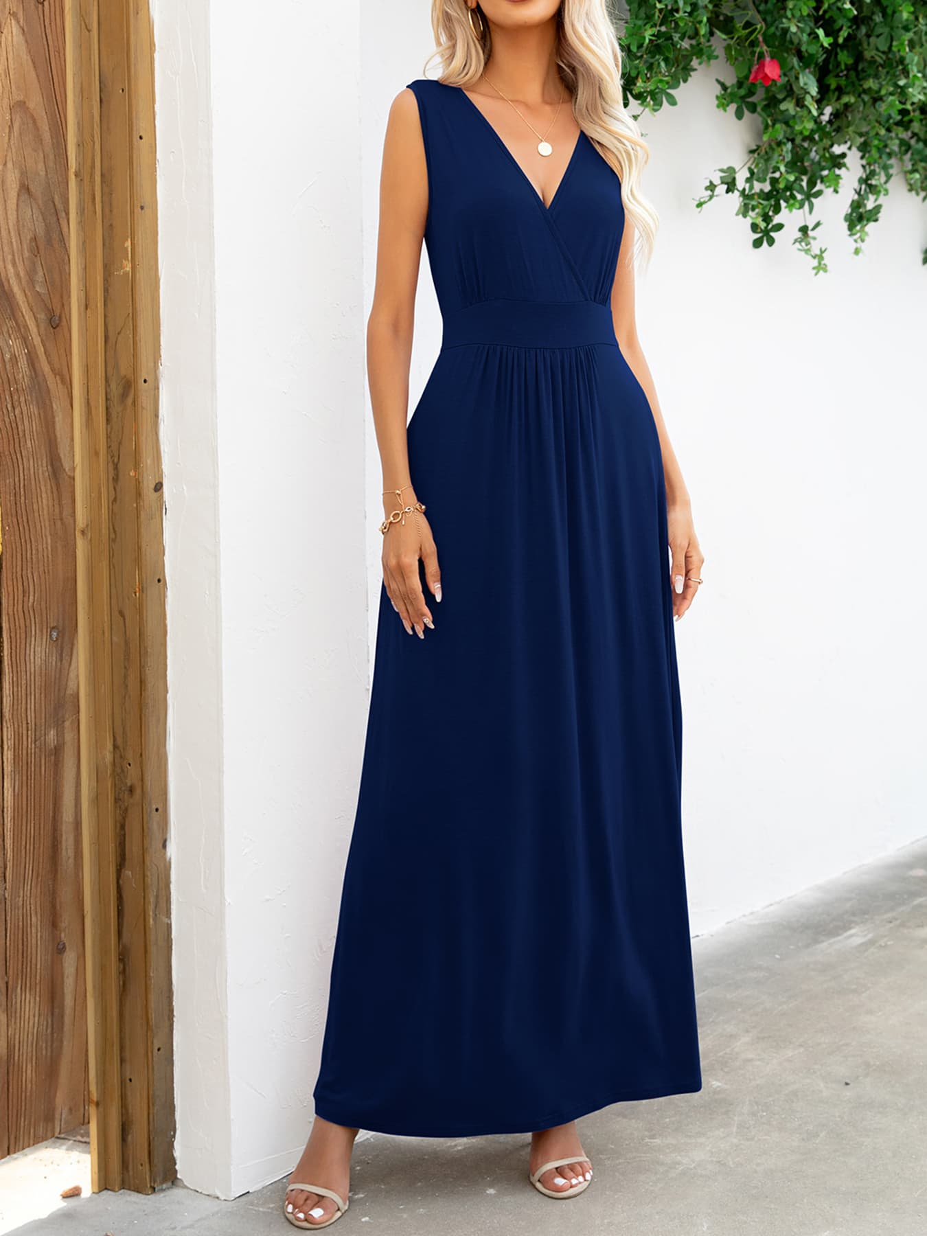 Fashorio Dark Navy / S Surplice Neck Sleeveless Maxi Dress