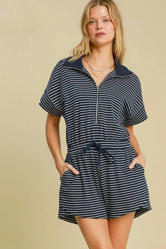 Umgee Full Size Half Zip Striped Romper Plus Size Dark Navy - Fashorio
