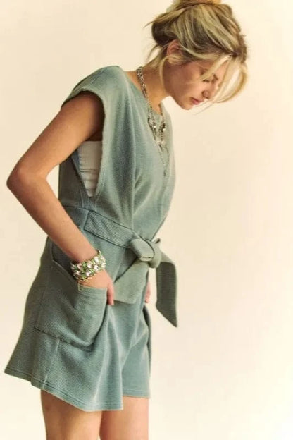 Davi & Dani Acid-Washed Waffle Knit Cuffed Sleeves Romper - Fashorio