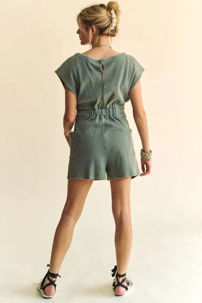 Davi & Dani Acid-Washed Waffle Knit Cuffed Sleeves Romper - Fashorio