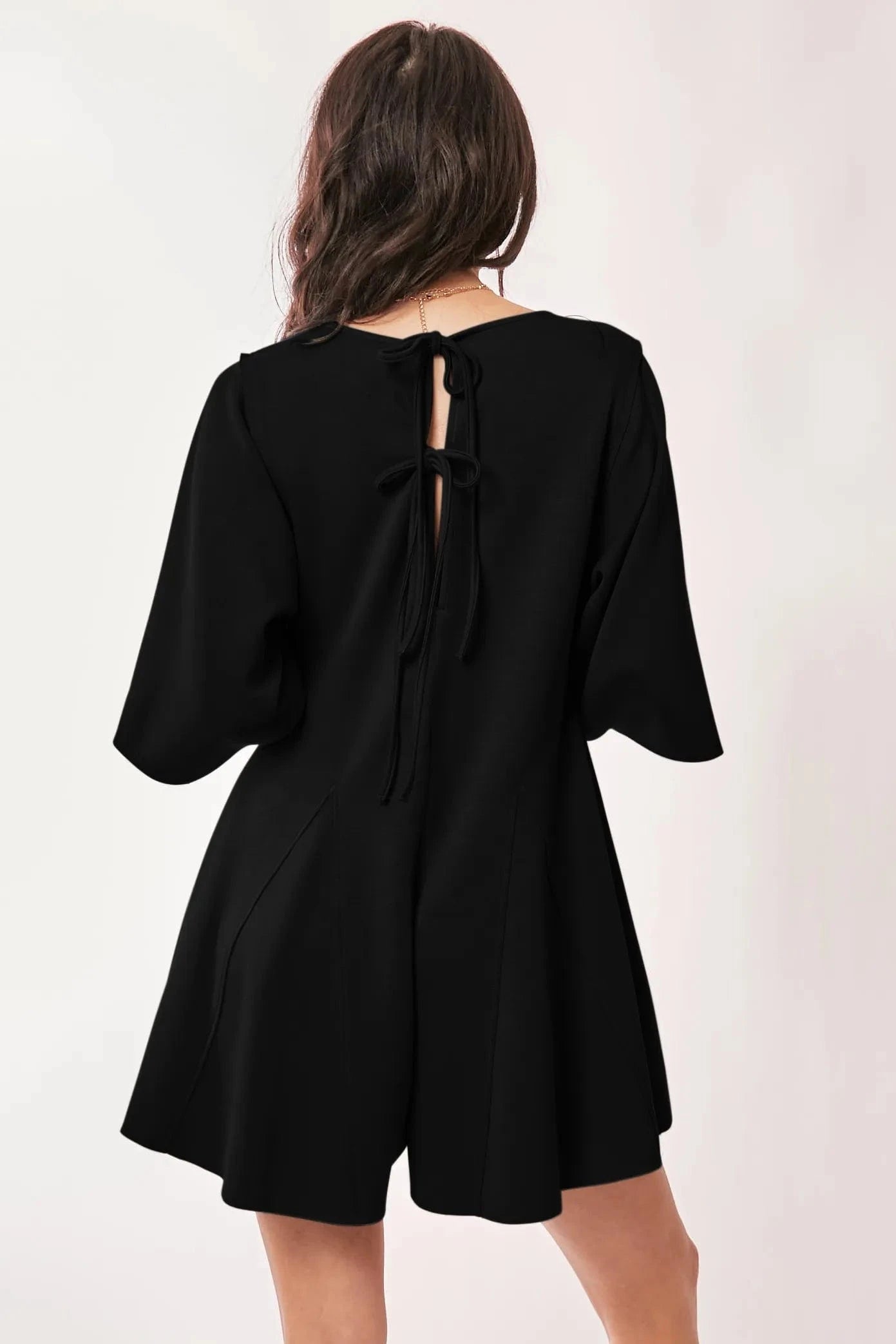 Davi & Dani Solid Draped Sleeve Ties Back Skort Romper - Fashorio