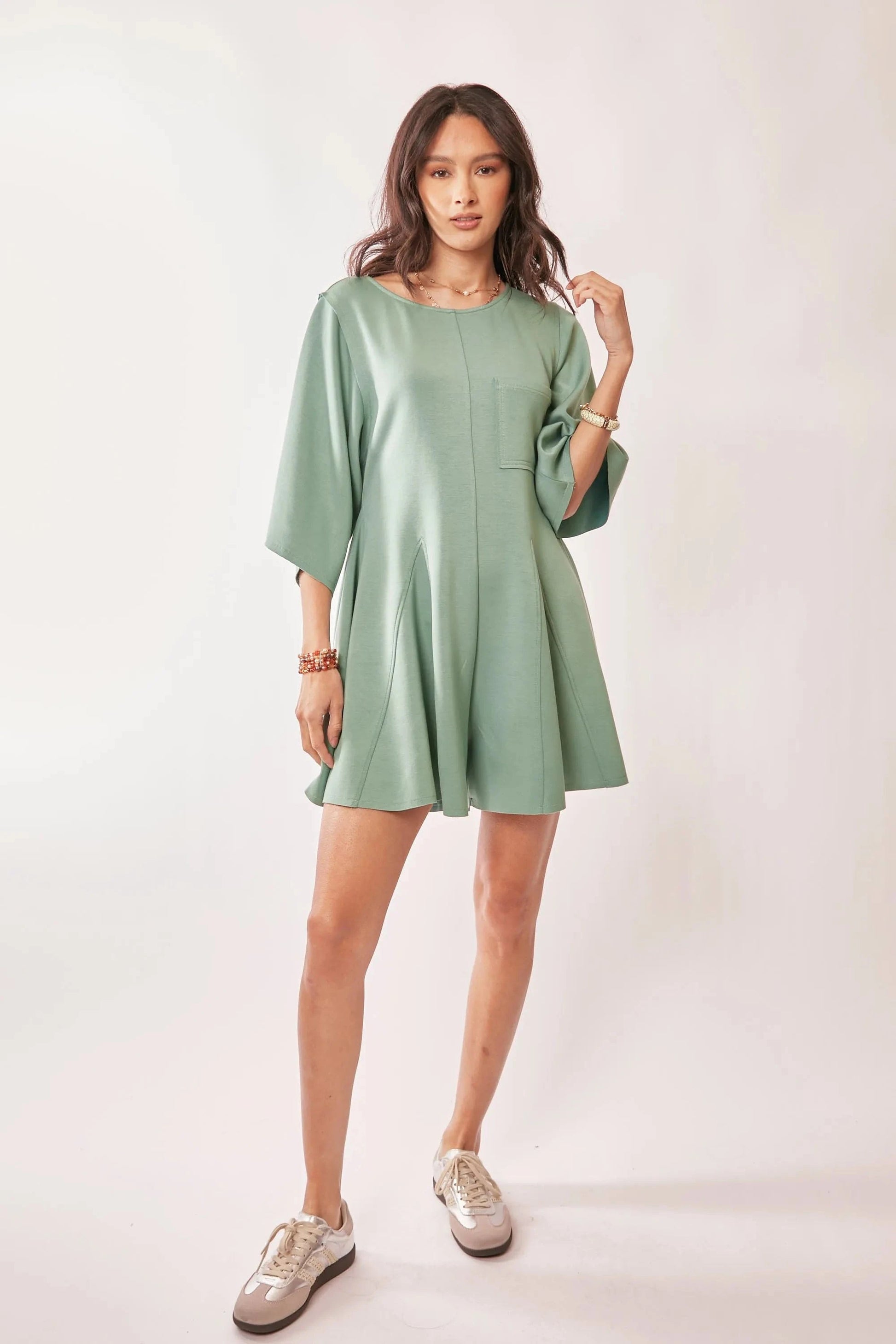 Davi & Dani Solid Draped Sleeve Ties Back Skort Romper - Fashorio