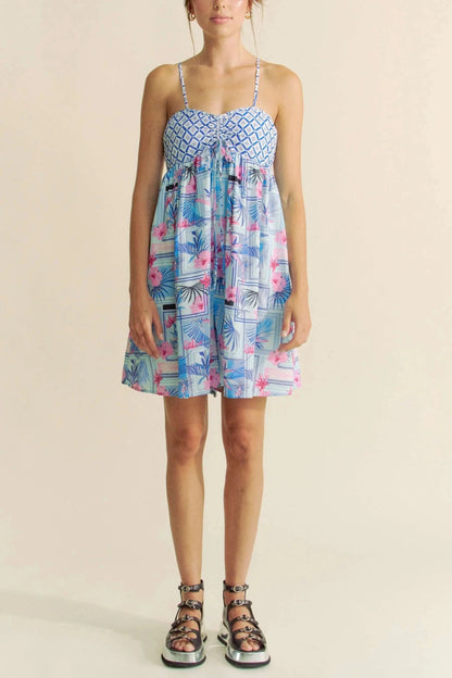 Davi & Dani Tropical Floral Geo Print Tie Back Tube Top Romper - Fashorio