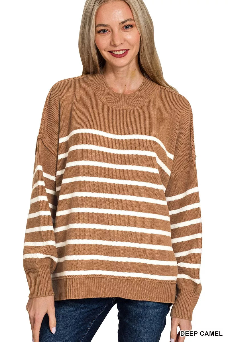 Fashorio DEEP CAMEL / S/M Zenana Exposed Seam Striped Oversized Sweater