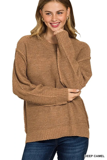 Zenana Exposed Seam Round Neck Sweater DEEP CAMEL - Fashorio