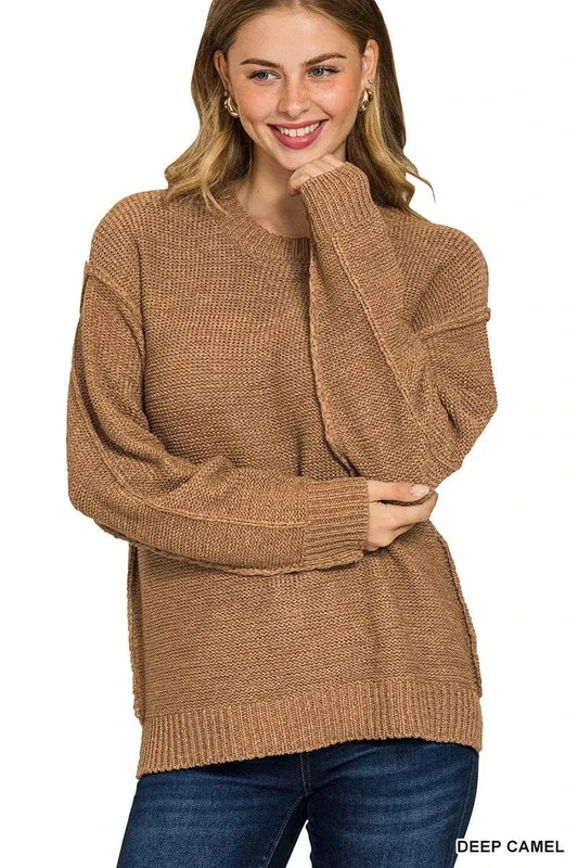 Zenana Exposed Seam Round Neck Sweater DEEP CAMEL - Fashorio
