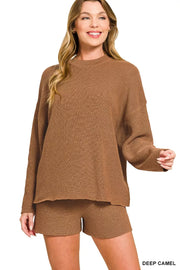 Fashorio DEEP CAMEL / S Zenana Round Neck Knit Top and Shorts Sweater Set