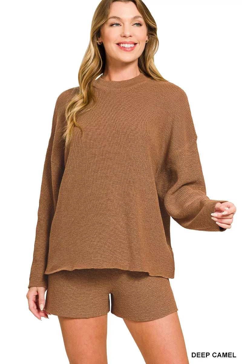 Fashorio DEEP CAMEL / S Zenana Round Neck Knit Top and Shorts Sweater Set