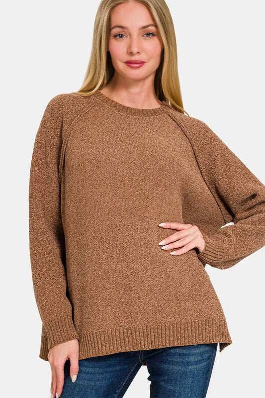Zenana Side Slit Raglan Sleeve Sweater Deep Camel - Fashorio