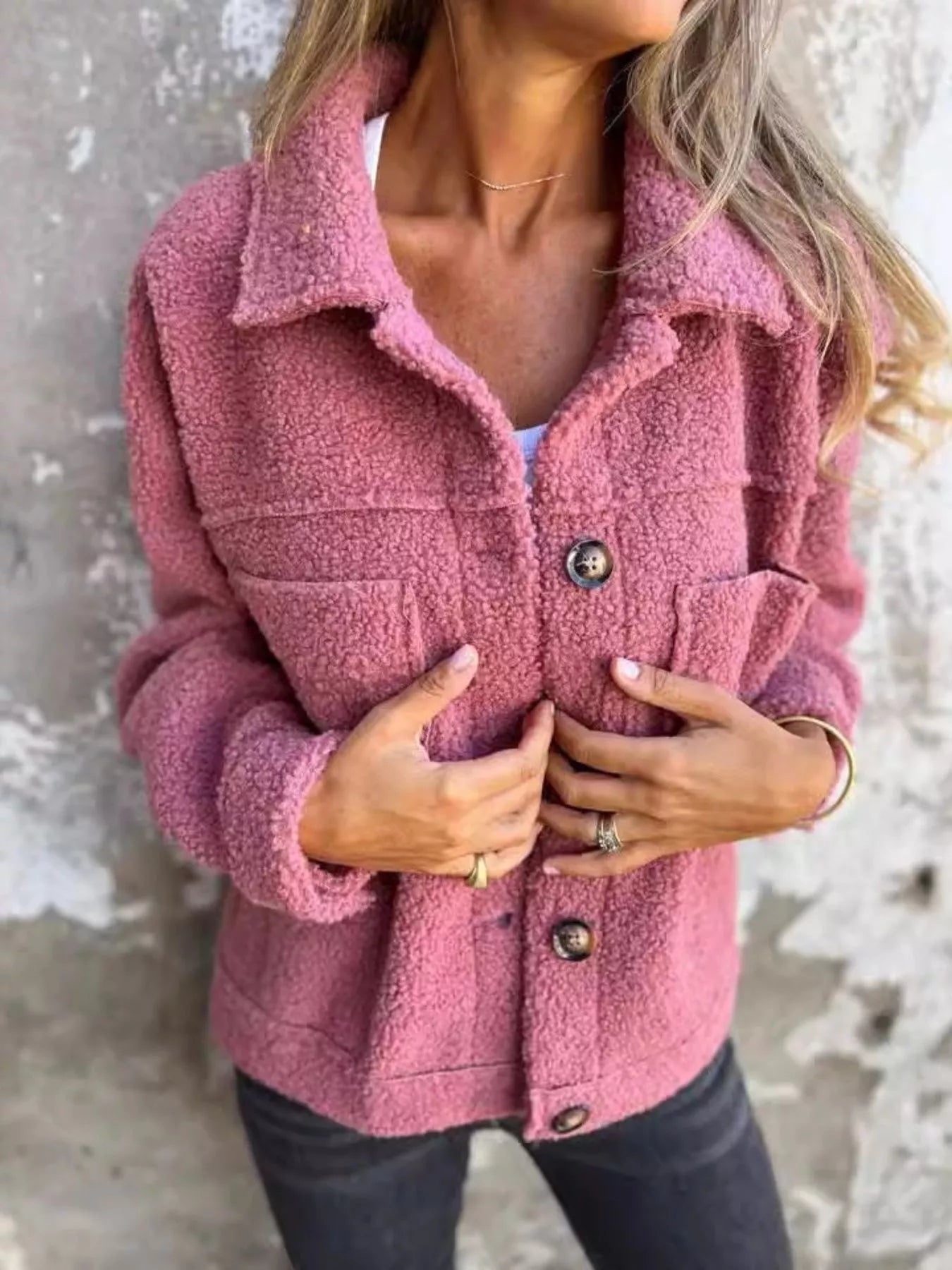 Fashorio Deep Pink / S Full Size Single-Breasted Sherpa Shacket Plus Size