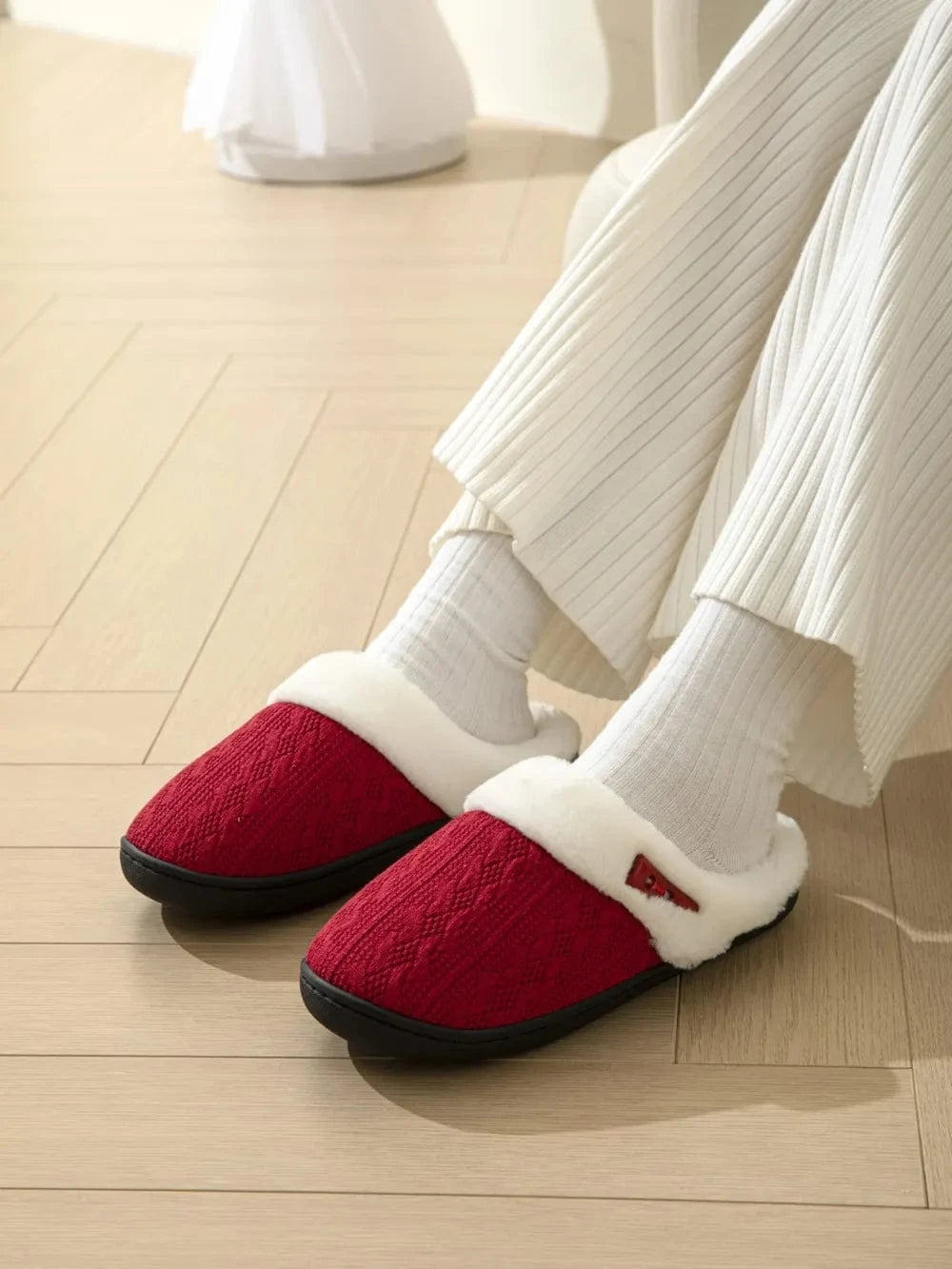 Horn Buckle Furry Texture Flat Slippers Deep Red - Fashorio