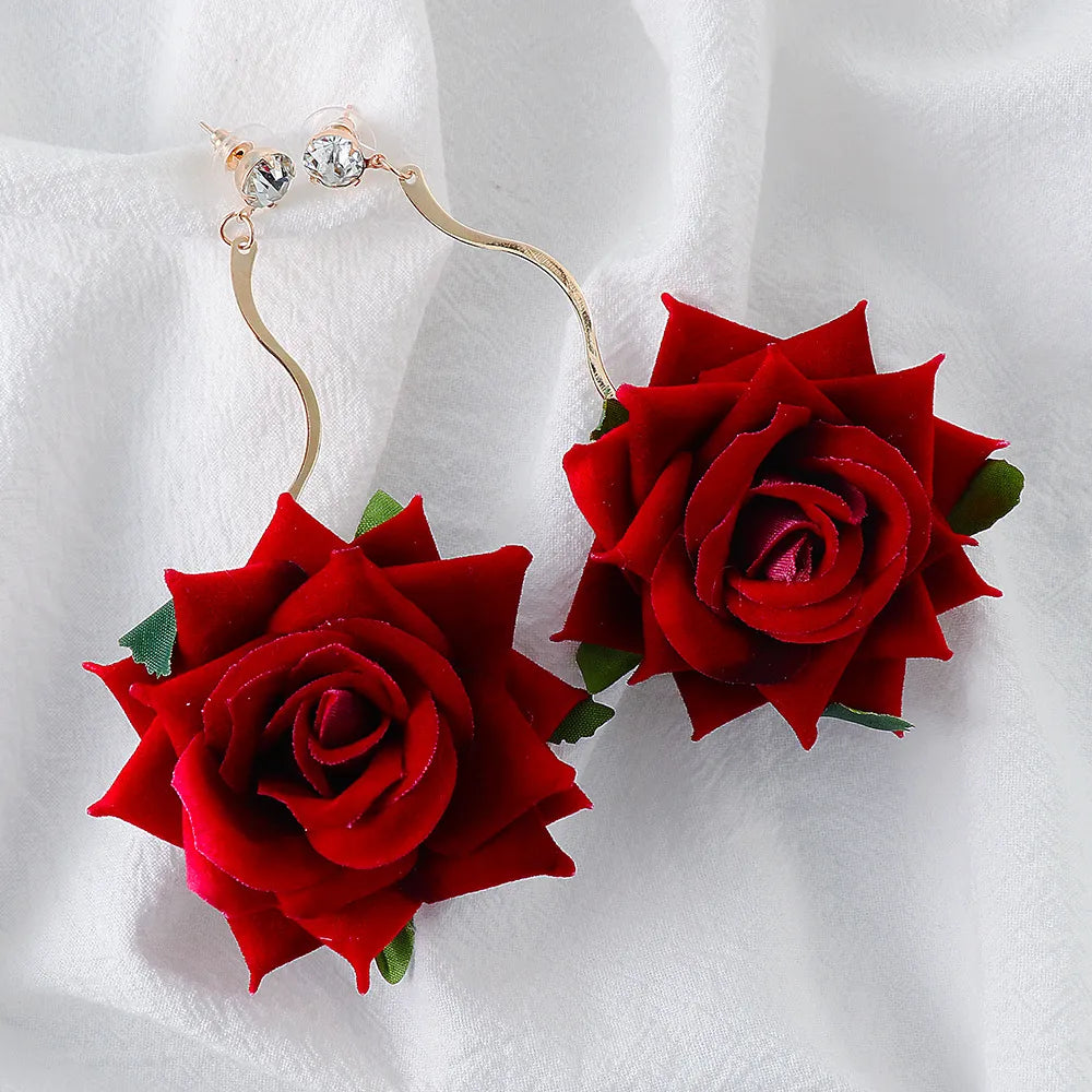 Fashorio Deep Red / One Size Alloy Rose Dangle Earrings