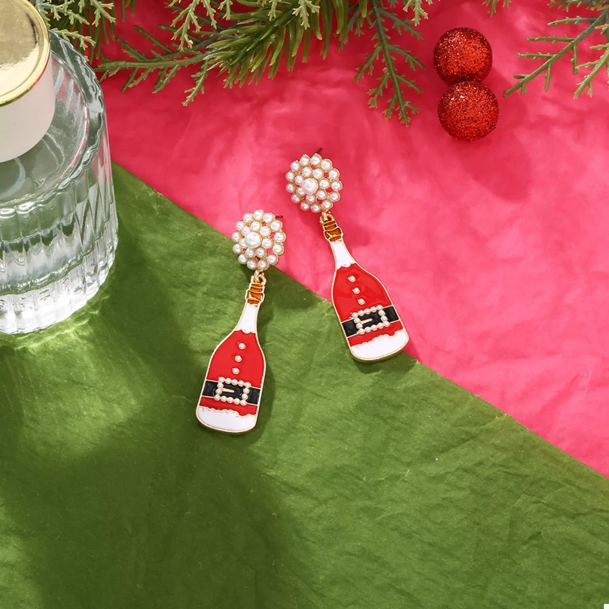Fashorio Deep Red / onesize Christmas Champagne Bottle Drop Earrings