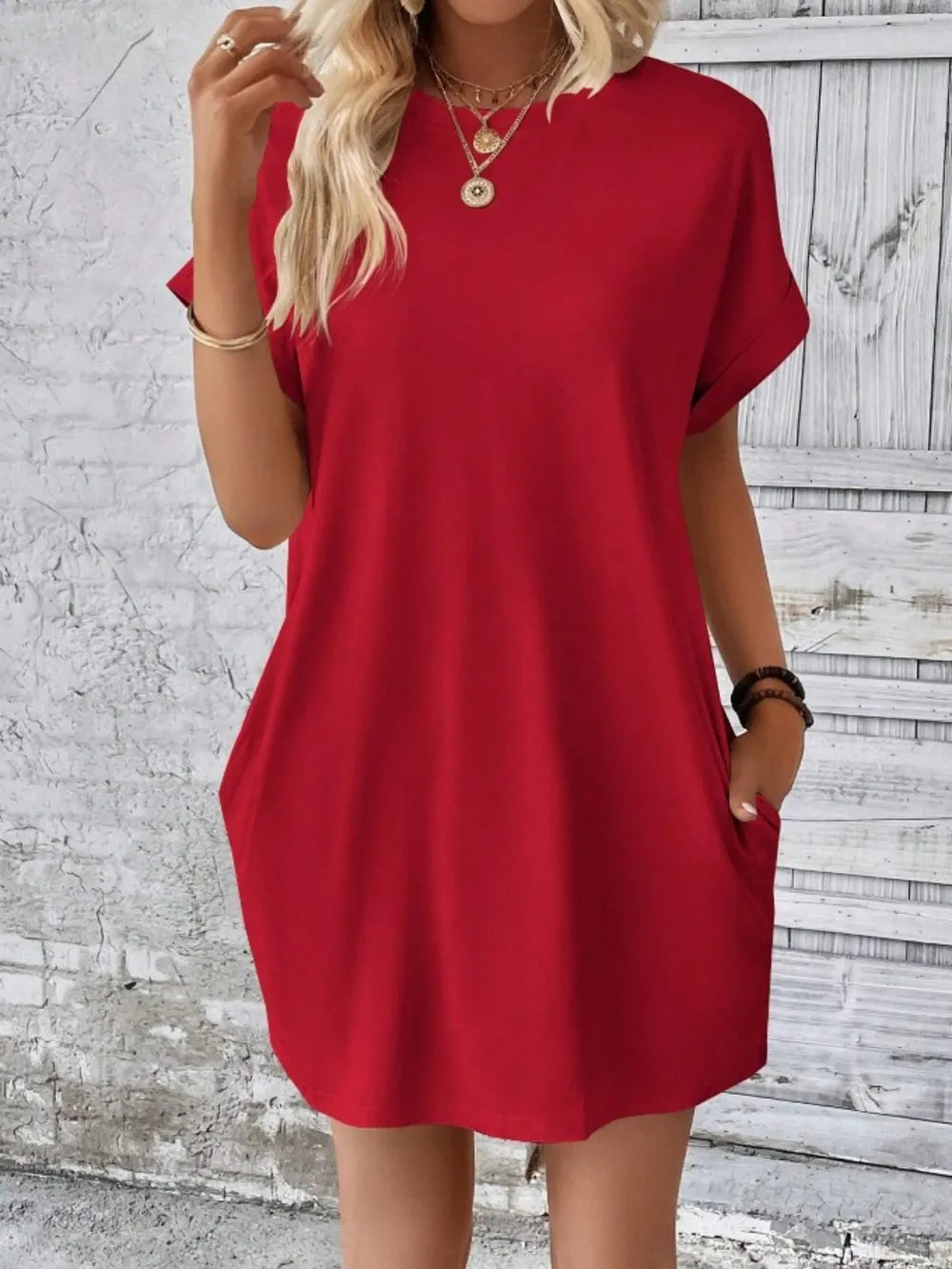 Fashorio Deep Red / S Casual Pocketed Short Sleeve Dress – Relaxed Everyday Comfort