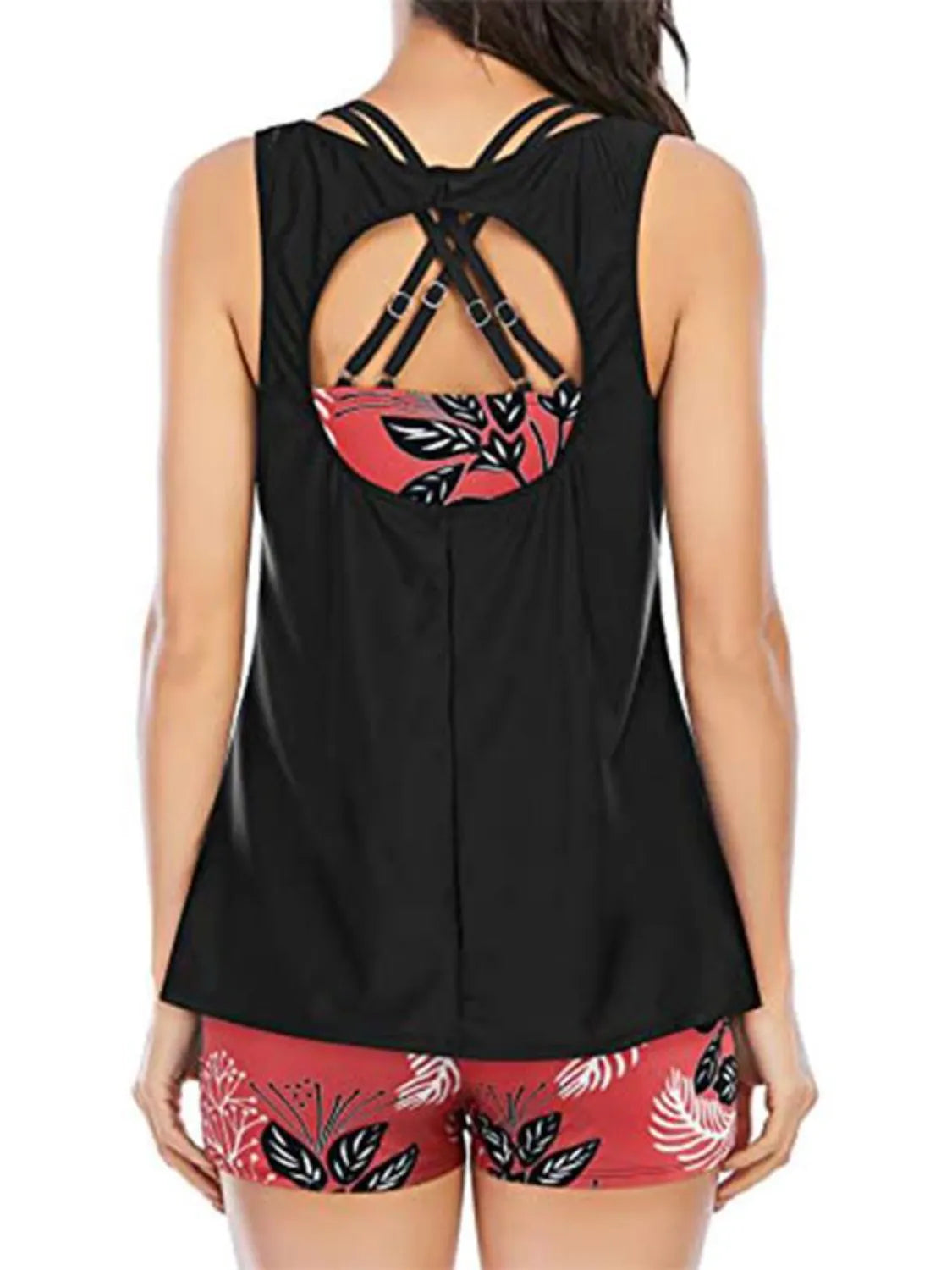 Fashorio Deep Red / S Cutout Printed Round Neck Three-Piece Swim Set