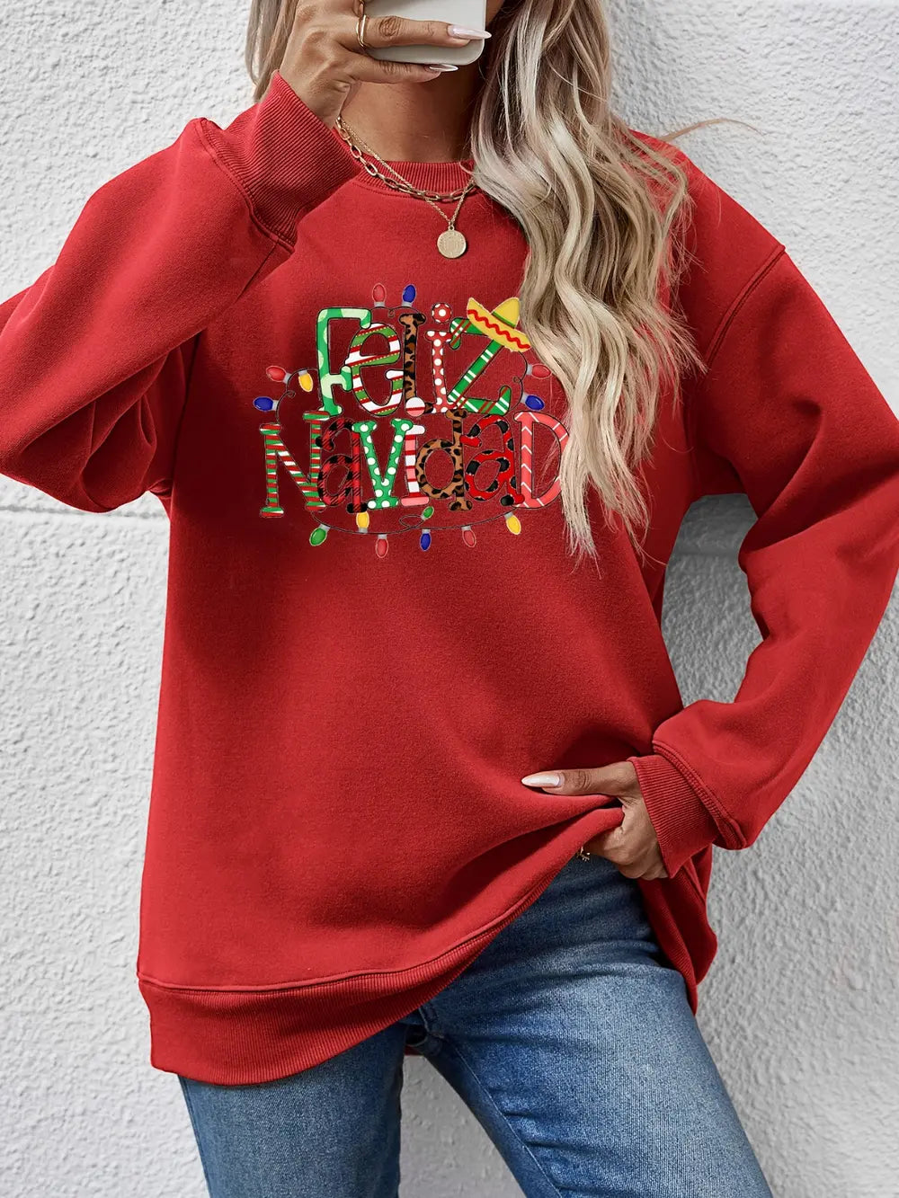 Fashorio Deep Red / S FELIZ NAVIDAD Round Neck Drop Shoulder Sweatshirt