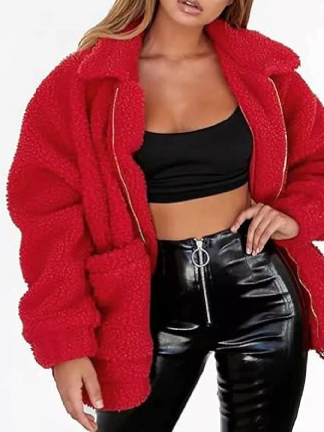 Fashorio Deep Red / S Full Size Cozy Fleece Zip Up Jacket Plus Size