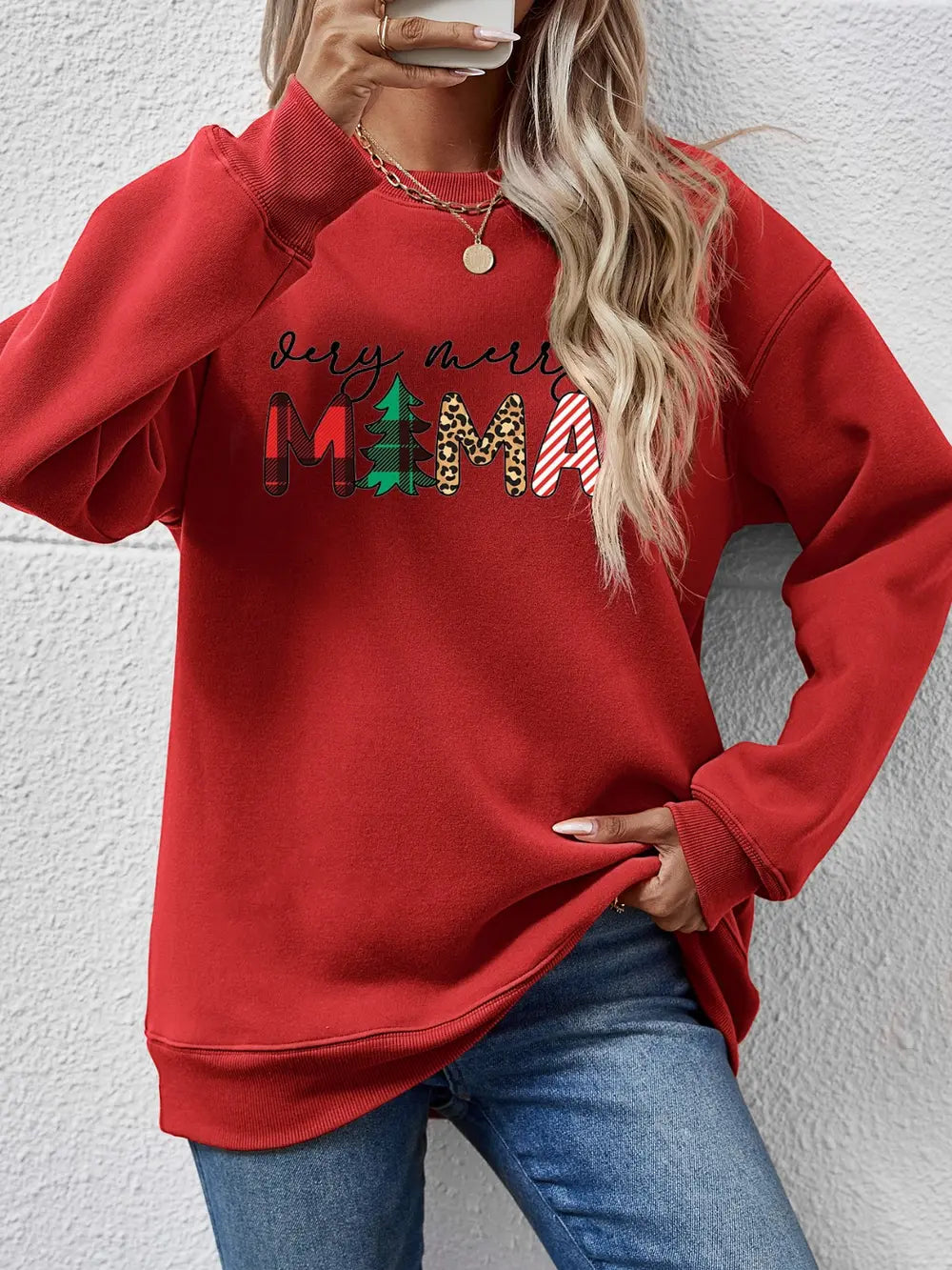 Fashorio Deep Red / S Letter Graphic Round Neck Long Sleeve Sweatshirt