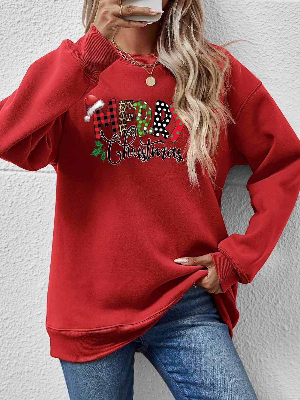 Fashorio Deep Red / S MERRY CHRISTMAS Round Neck Dropped Shoulder Sweatshirt