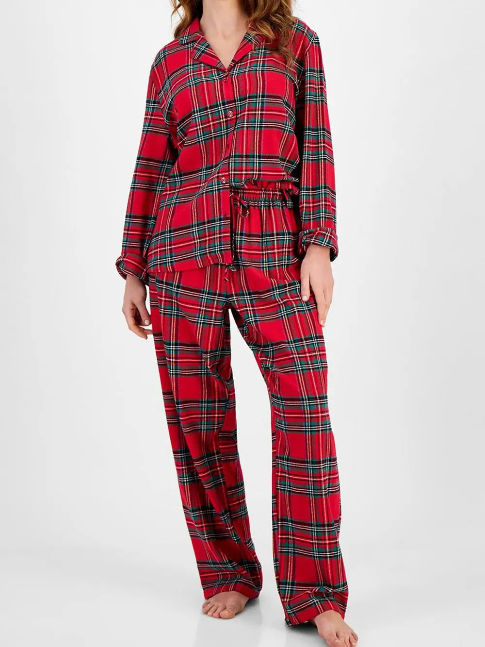 Fashorio Deep Red / S Plaid Collared Neck Button Up Top and Pants Lounge Set
