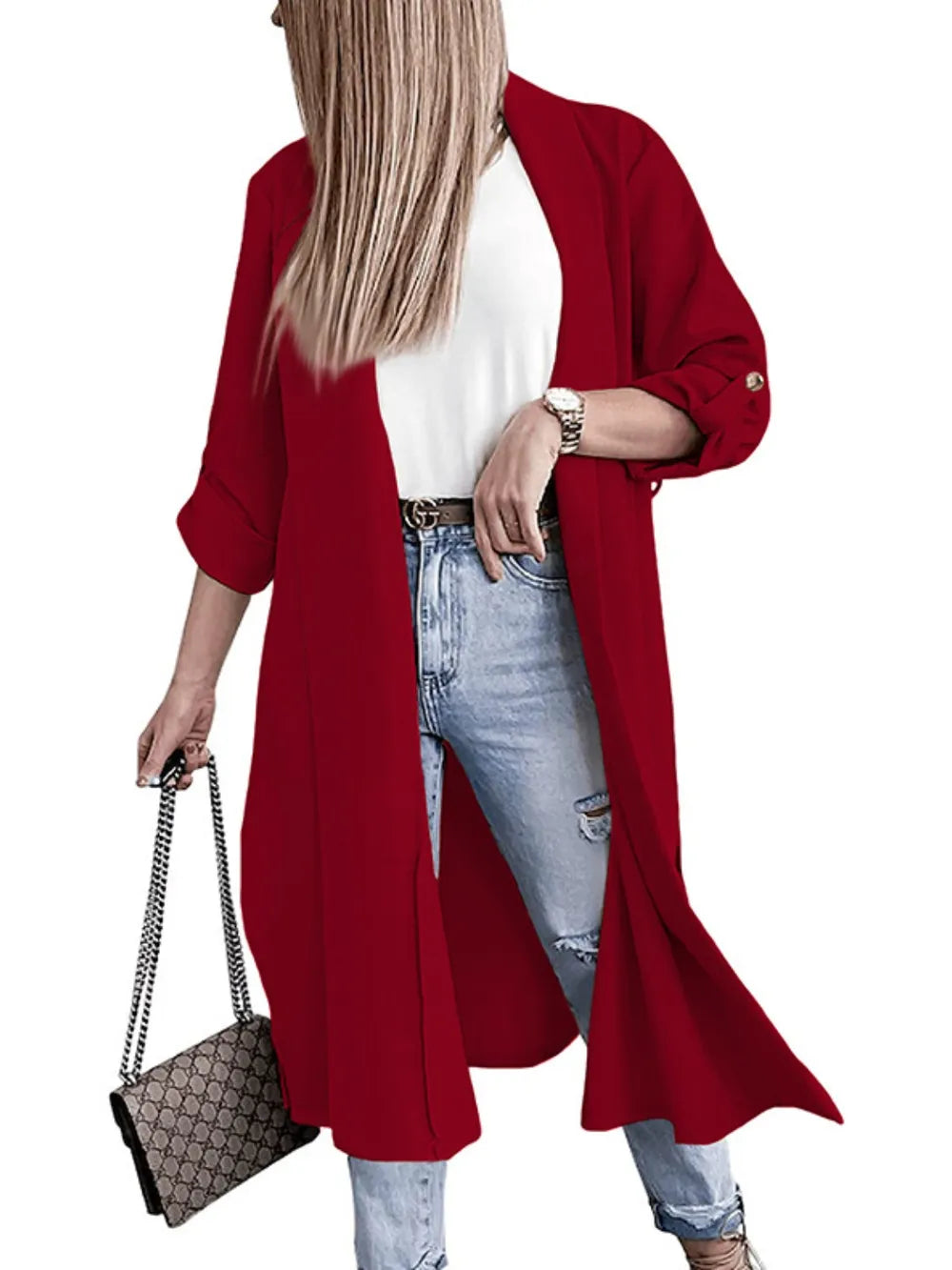 Fashorio Deep Red / S Slit Open Front Roll-Tab Sleeve Trench Coat