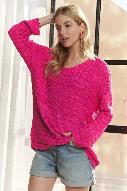 ADORA V-Neck Drop Shoulder Long Sleeve Sweater Deep Rose - Fashorio