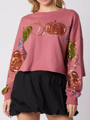 Fashorio Deep Rose / S Sequined Pumpkin Halloween Crop Sweatshirt
