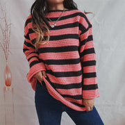 Fashorio Deep Rose / S Striped Round Neck Long Sleeve Sweater