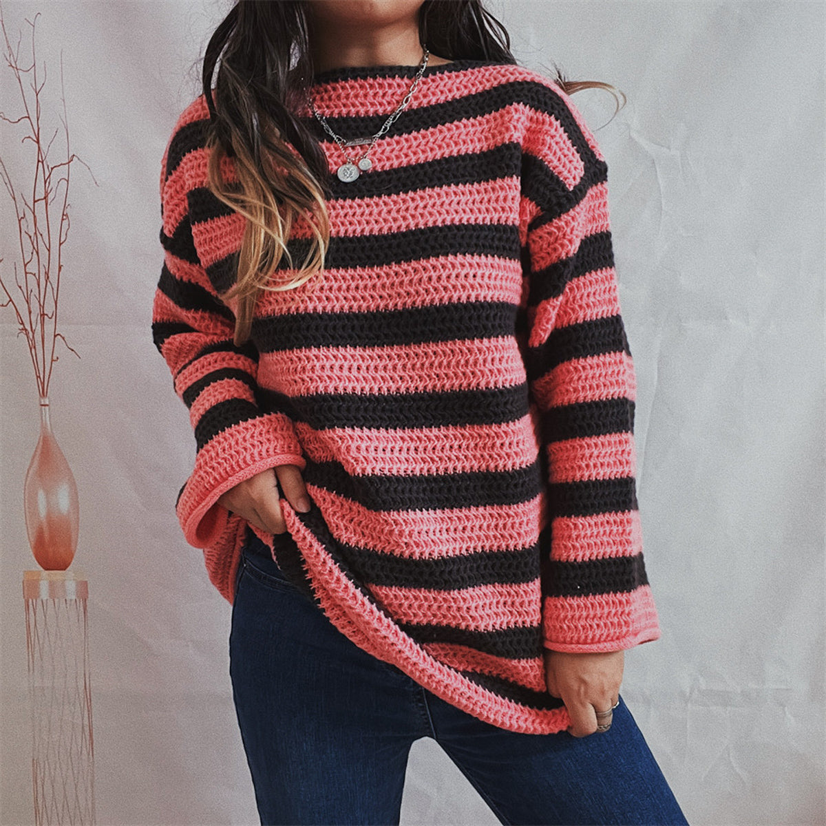 Fashorio Deep Rose / S Striped Round Neck Long Sleeve Sweater